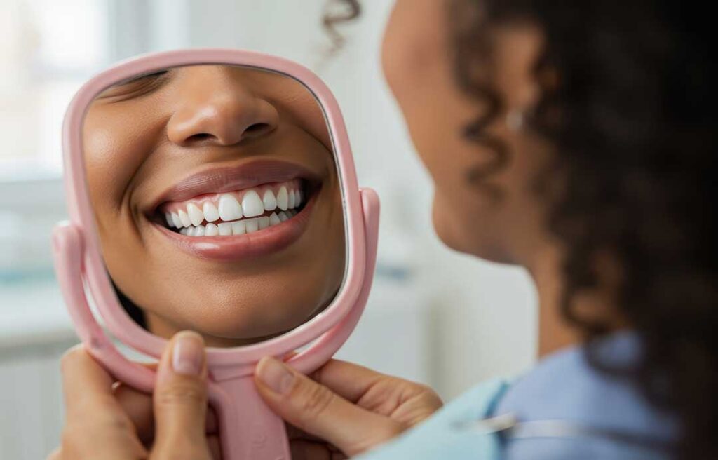 Patient reviews a dental insurance benefits document beside a mirror and dental treatment plan.
